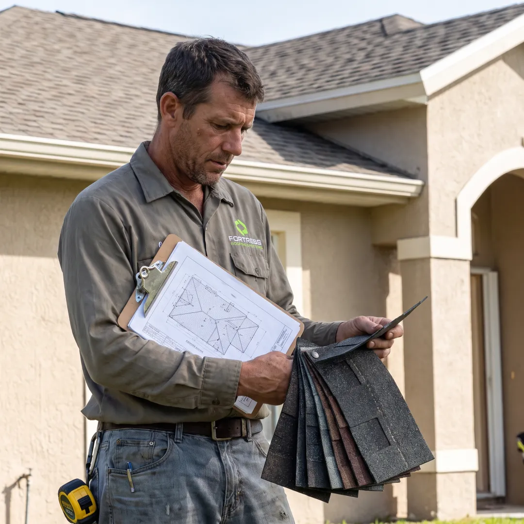 Roofer inspecting replacement roof materials