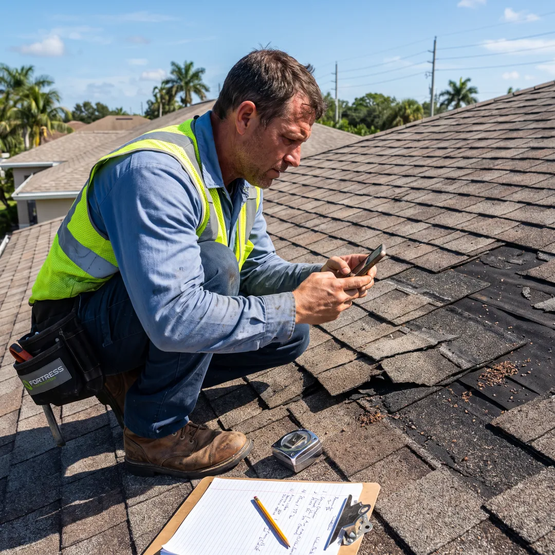 Roofing professional documenting storm damage during an inspection