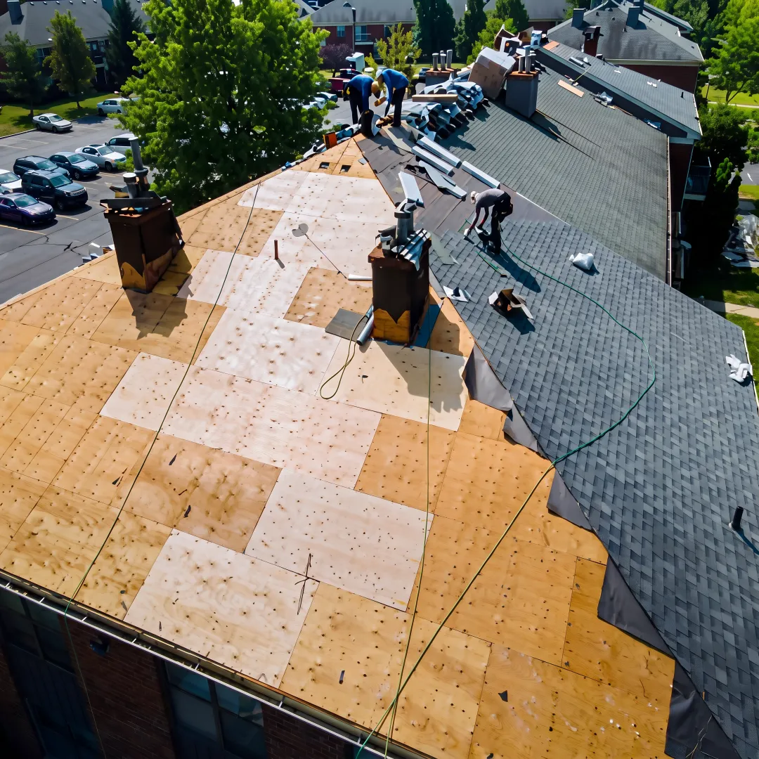 Roofing crew installing commercial metal panels