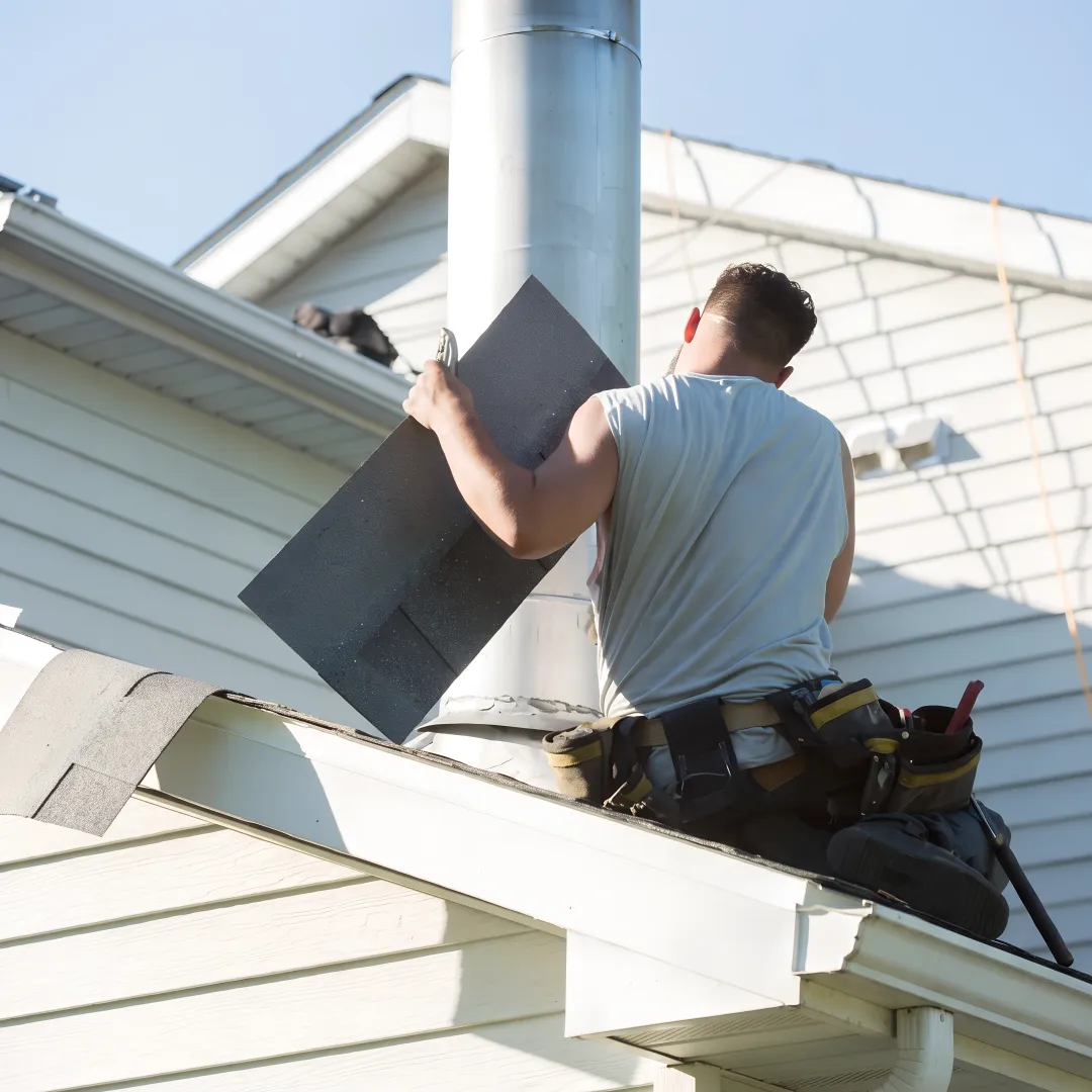 Roofing technician repairing damaged shingles
