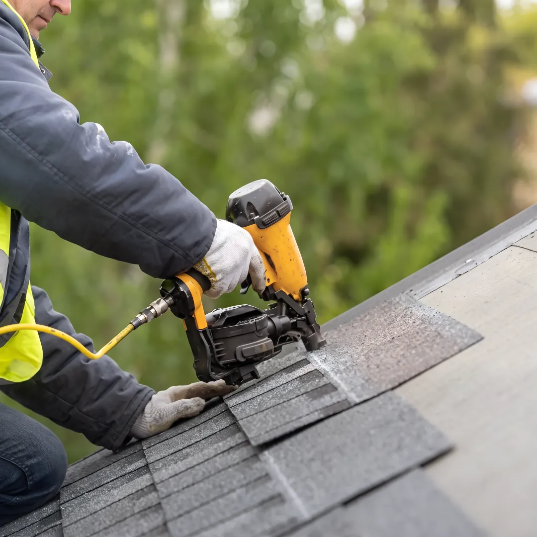 Roofer repairing damaged roof section