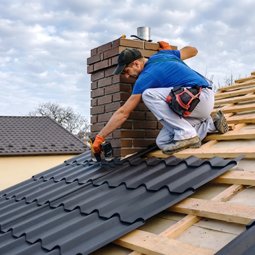 Contractor repairing metal roof flashing