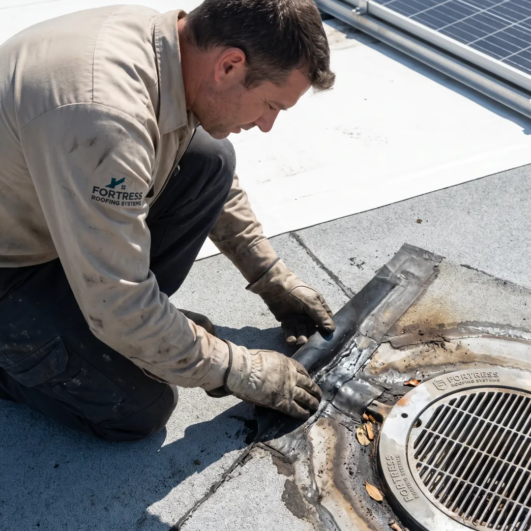 Inspector checking flat roof drainage