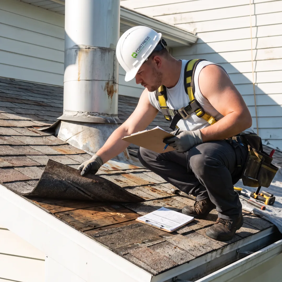 Installer inspecting a residential roof before re roofing