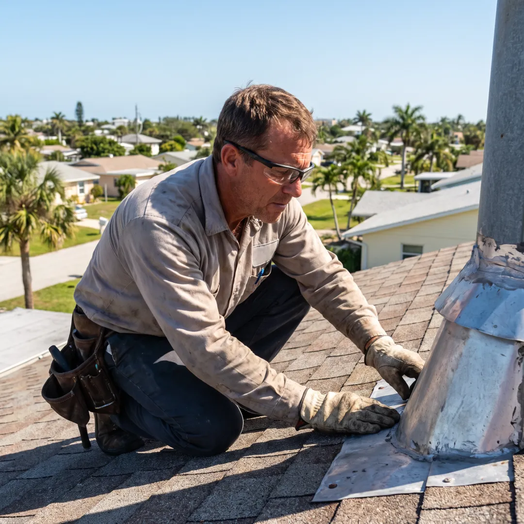Installer inspecting a South Florida roof