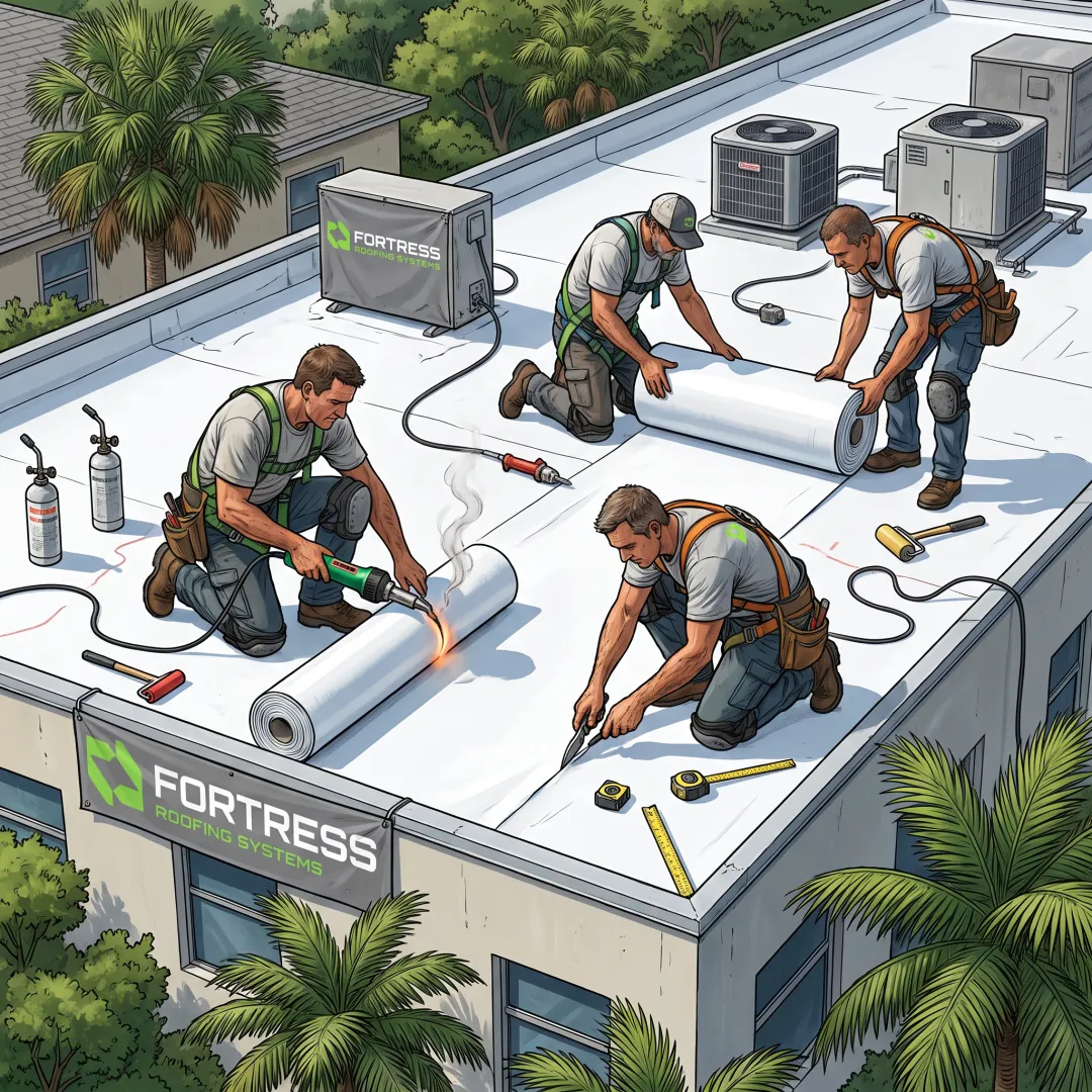Roofing crew installing a commercial roof