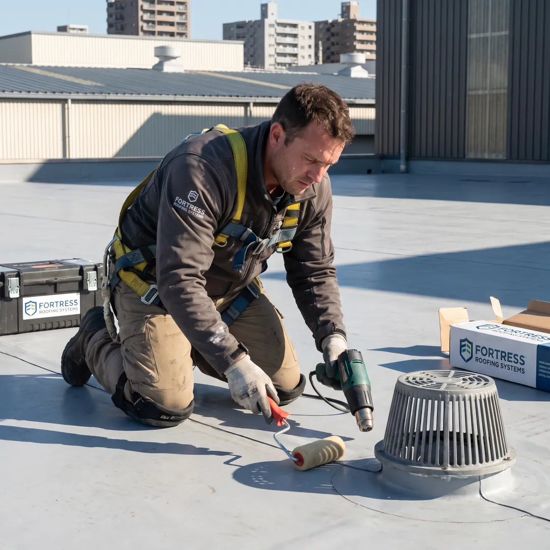 Commercial roofer repairing warehouse roof membrane
