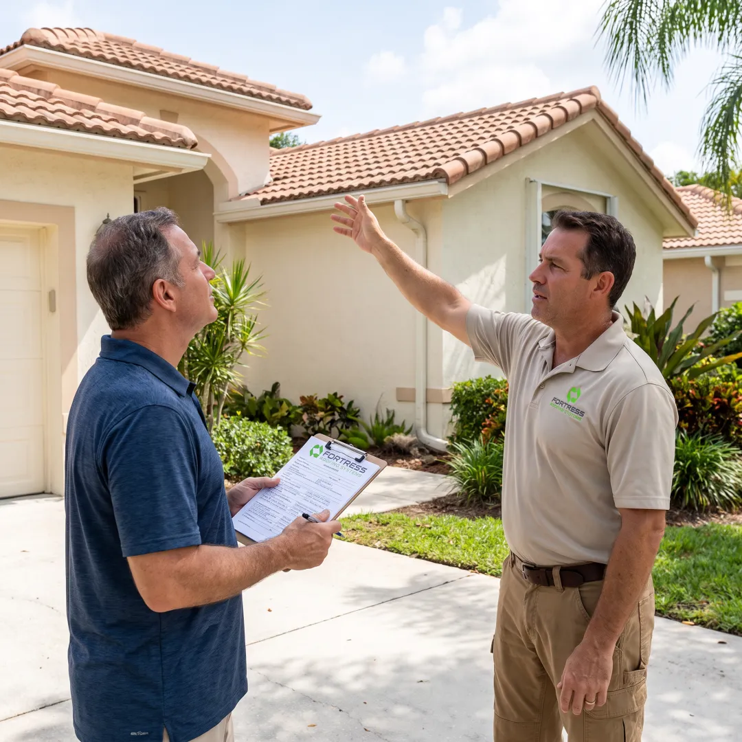 Roofing professional reviewing roof inspection findings