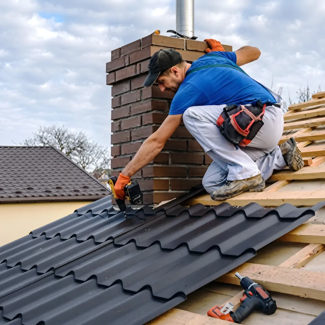 Roofing crew installing residential metal panels