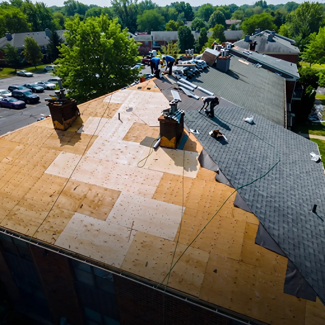 Roofing team installing protective shingles