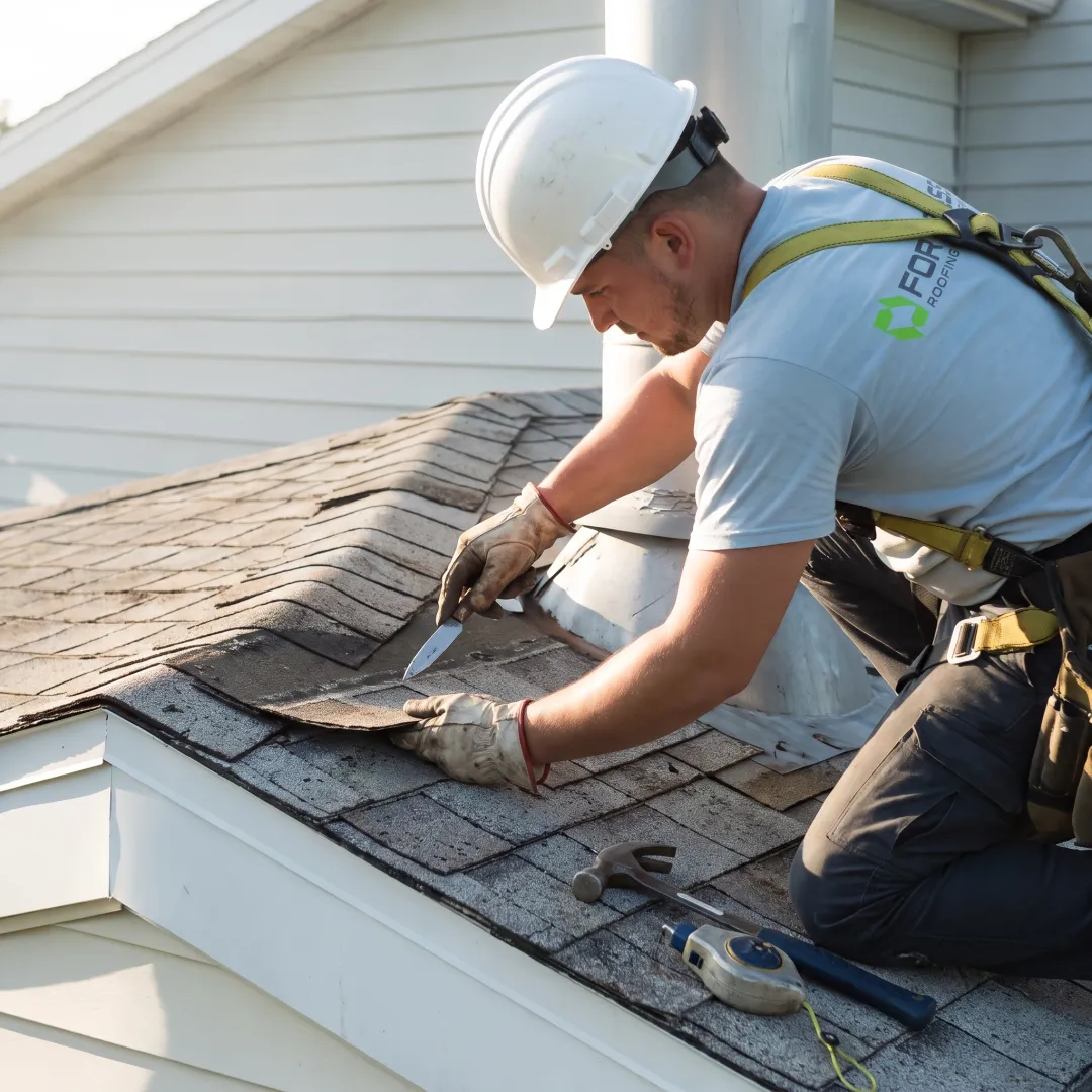 Roofer inspecting residential shingles