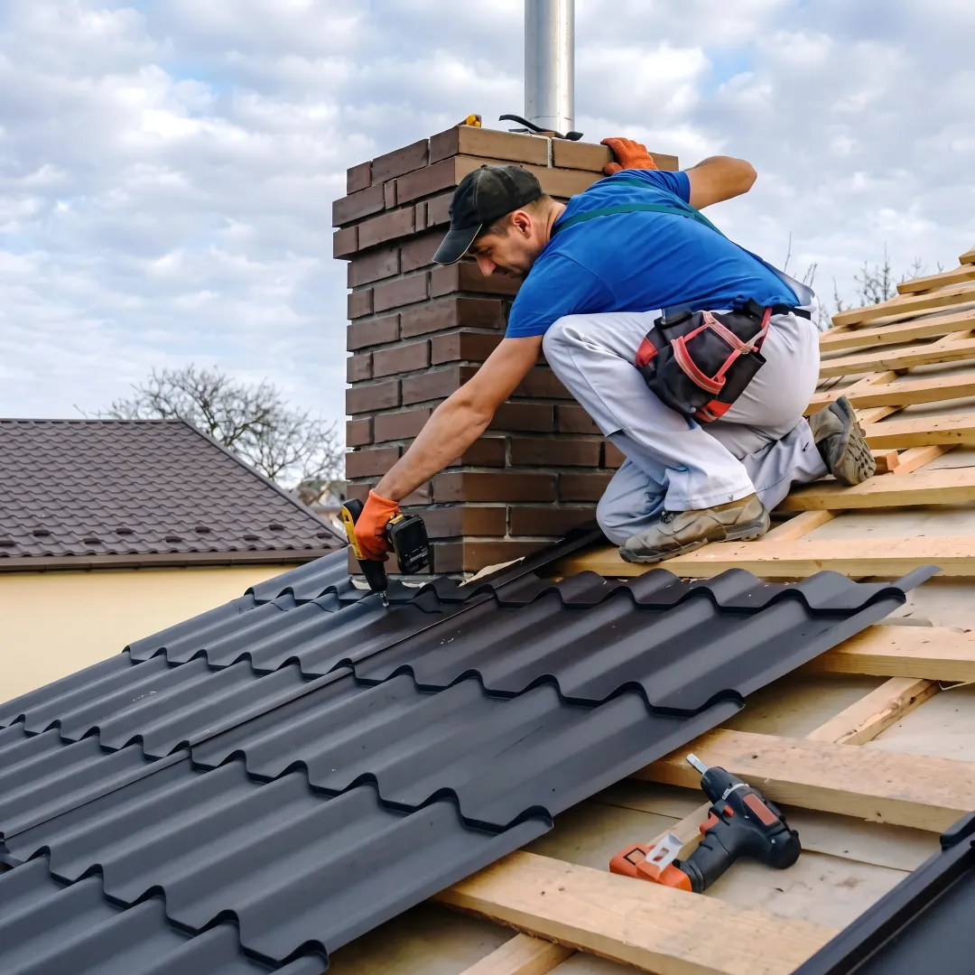 Roofer installing standing-seam metal panels