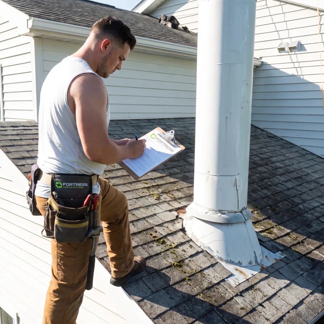 Technician inspecting a residential roof