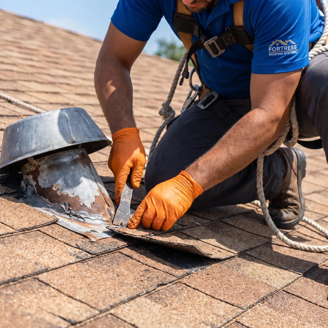 Roofing professional checking roof flashing
