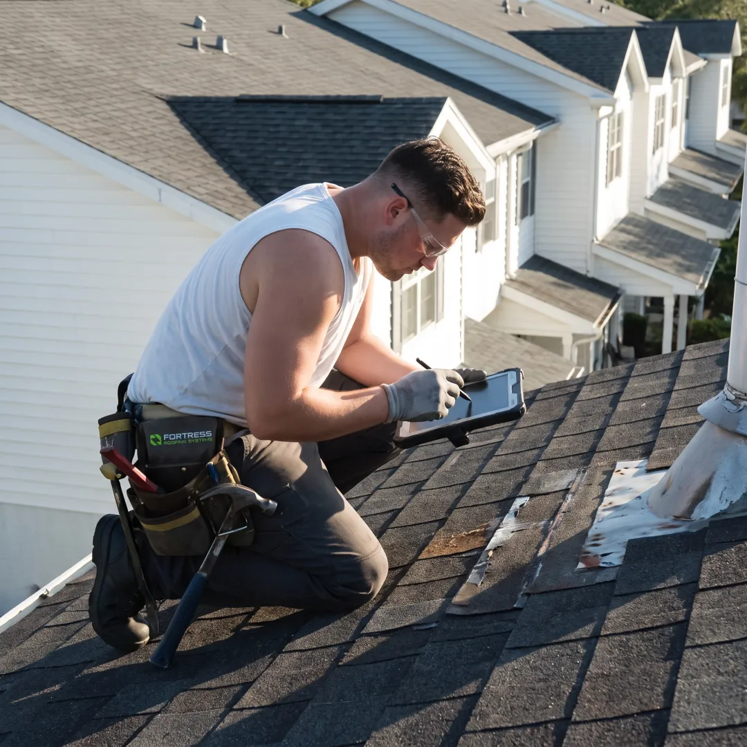 Roofing professional inspecting a townhouse roof