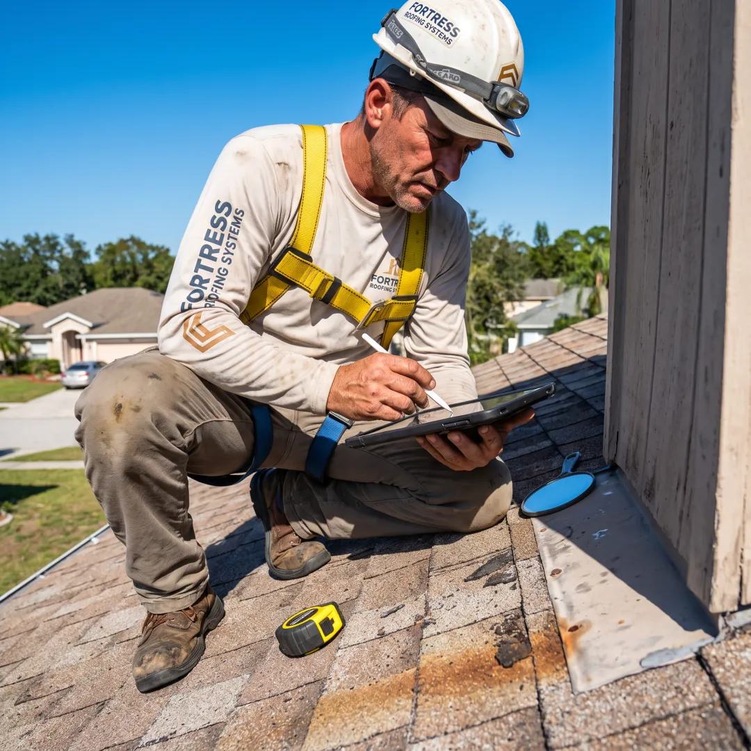 Roofing professional inspecting shingles on a residential roof