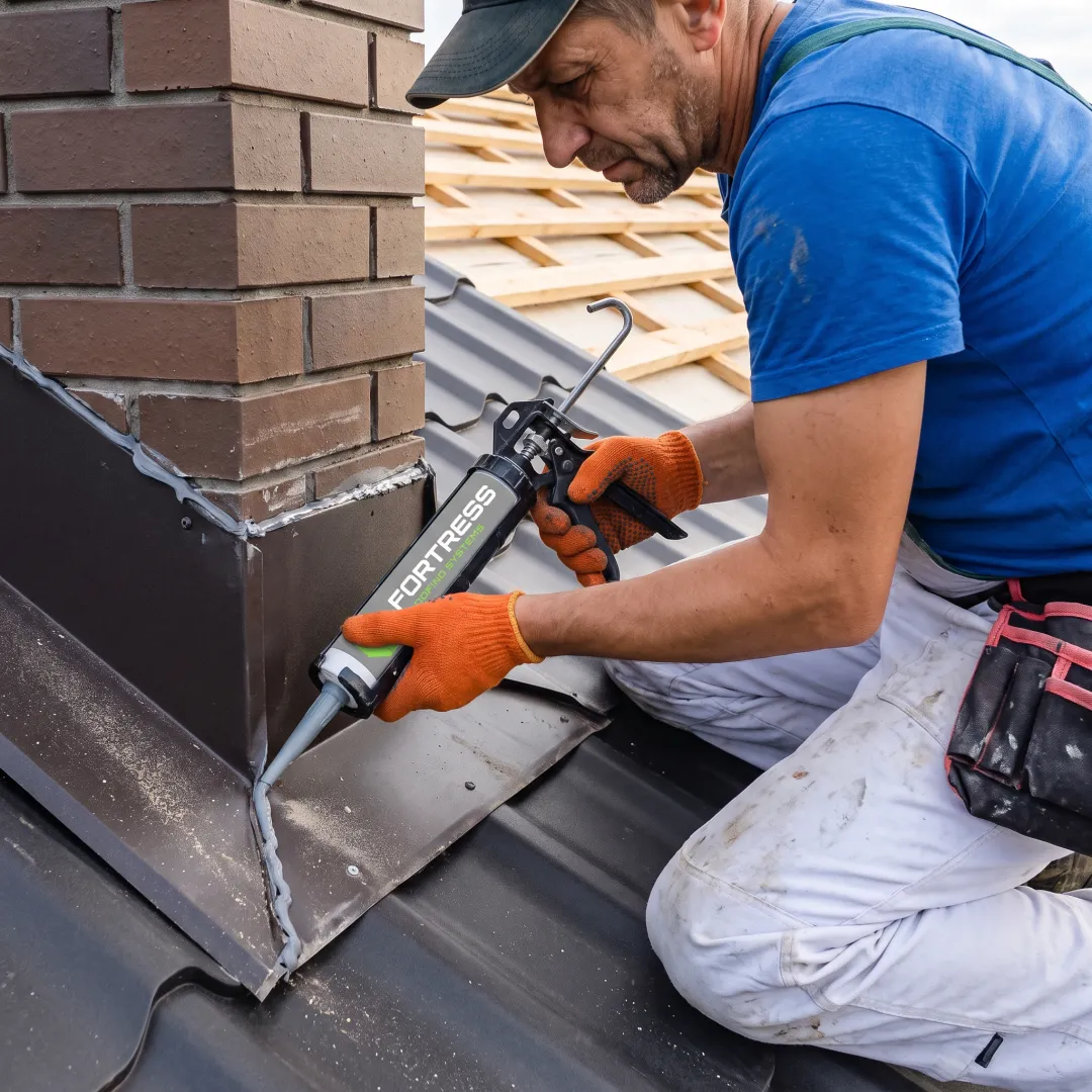 Roofing professional sealing roof flashing