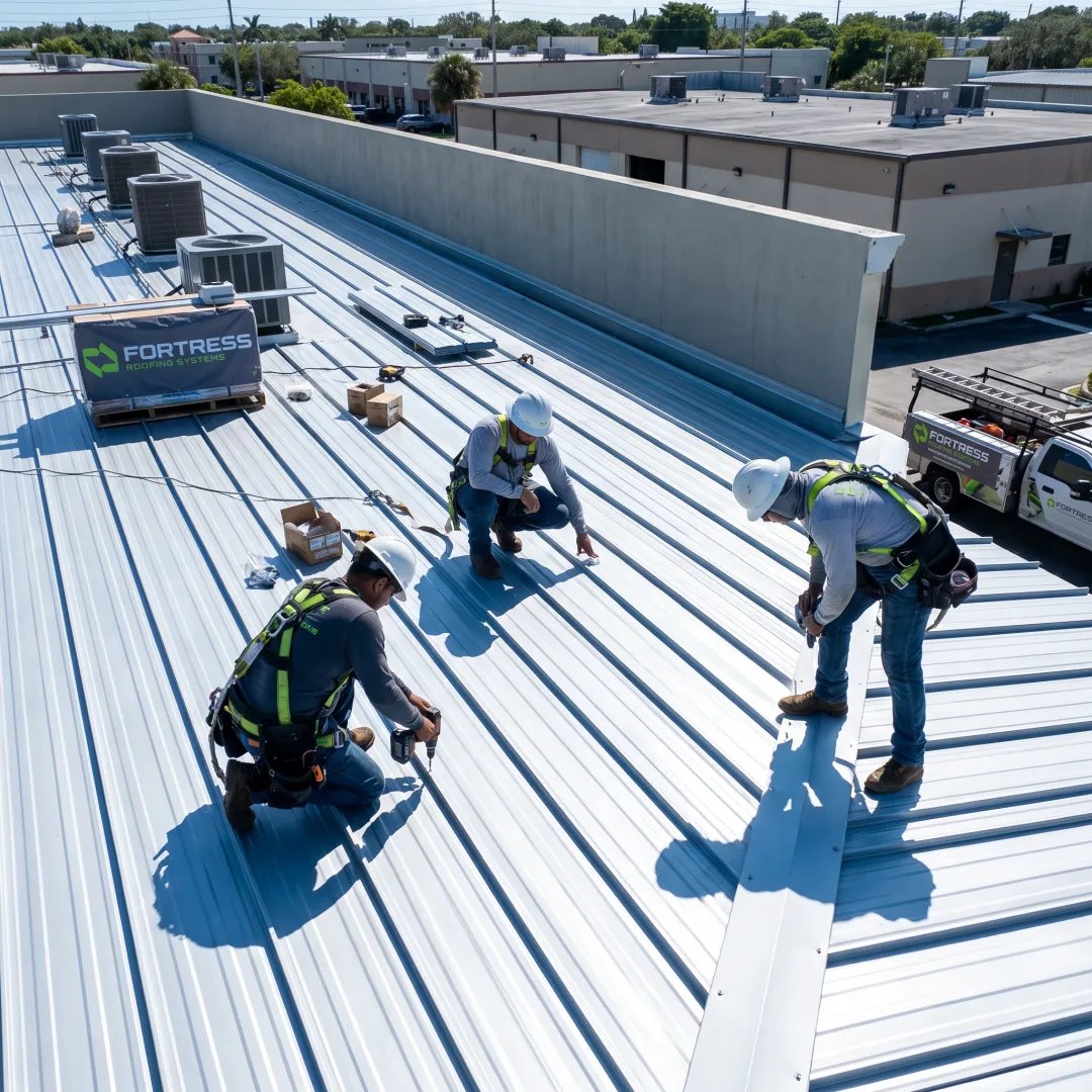 Technicians installing commercial metal roofing