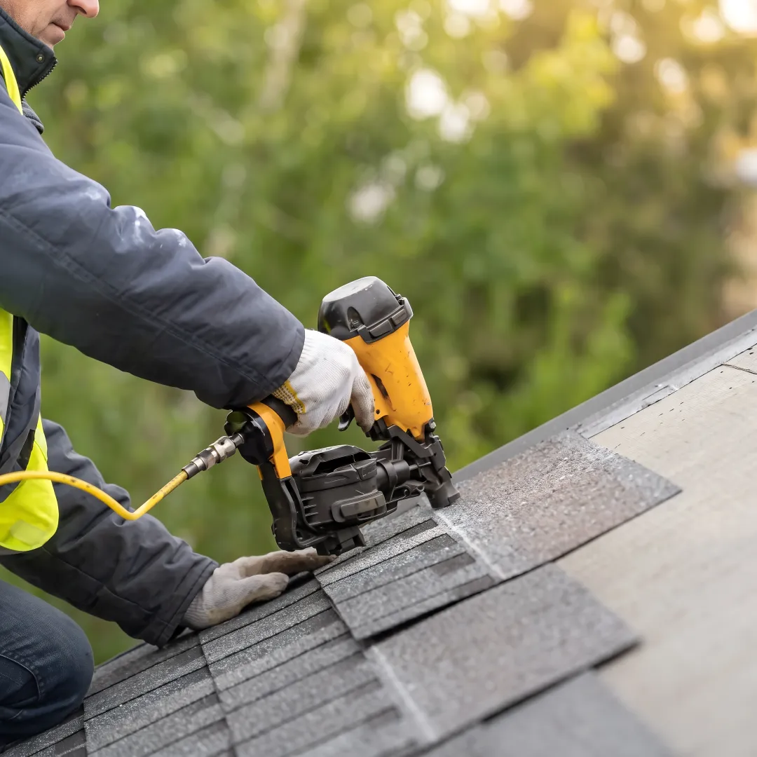 Installer securing reflective shingles on a roof