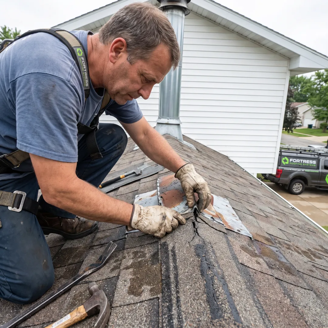 Roofing professional inspecting roof damage