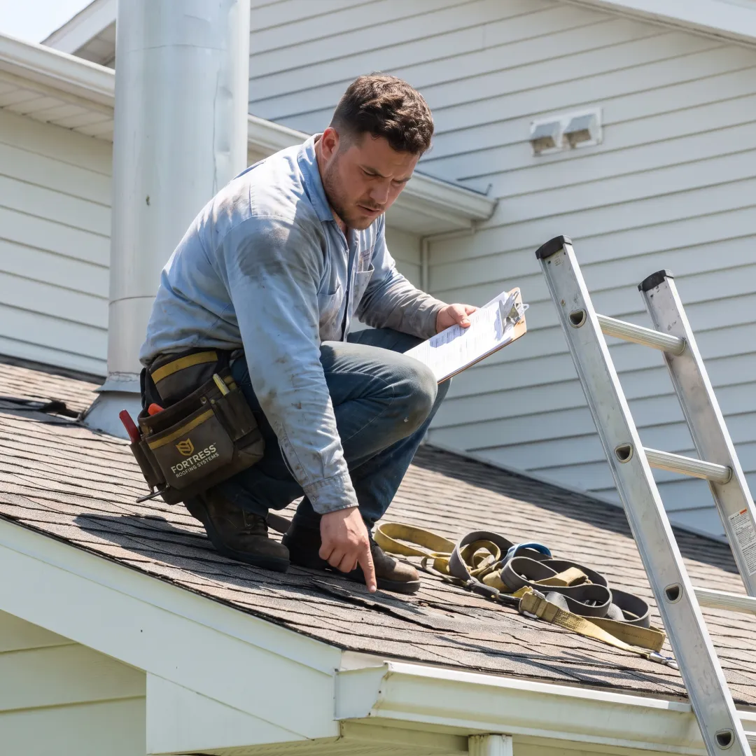 Roofing professional inspecting a residential roof