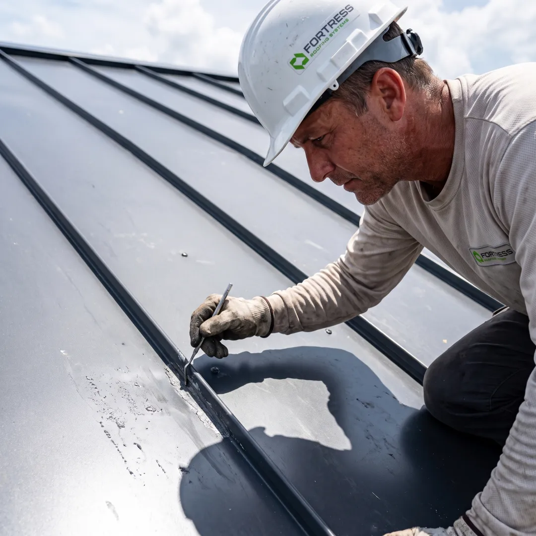 Roofing professional inspecting coated metal roof seams