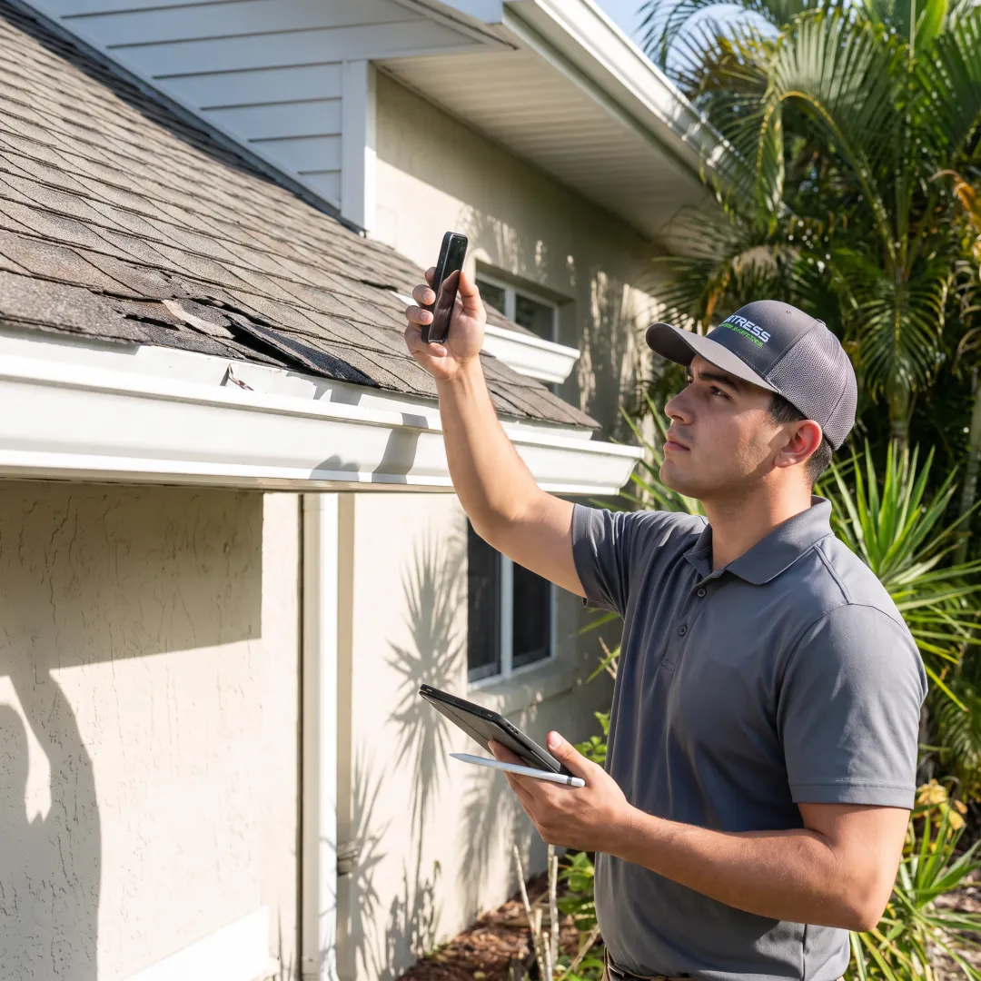 Roofing professional documenting roof inspection findings