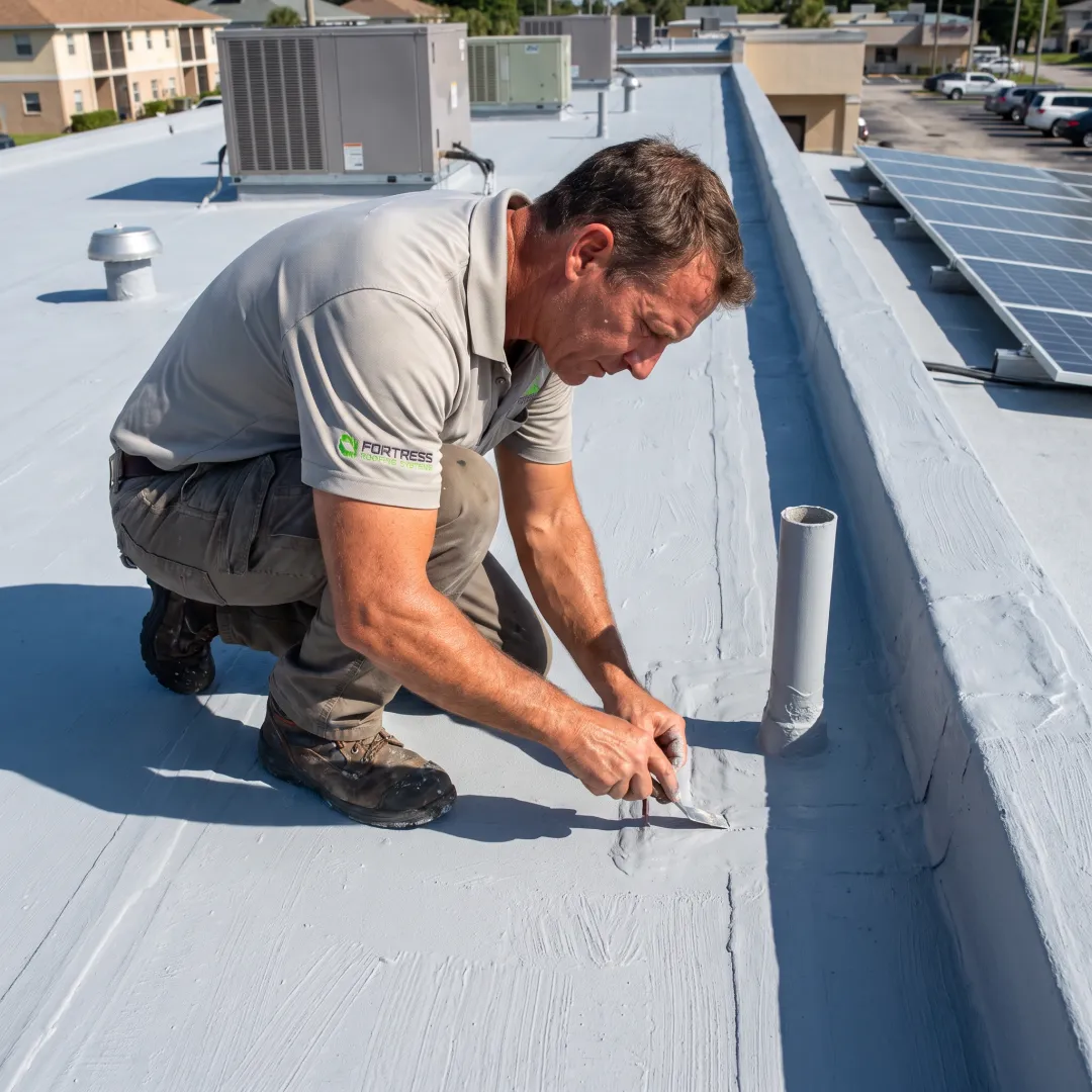 Roofer inspecting coated flat roof