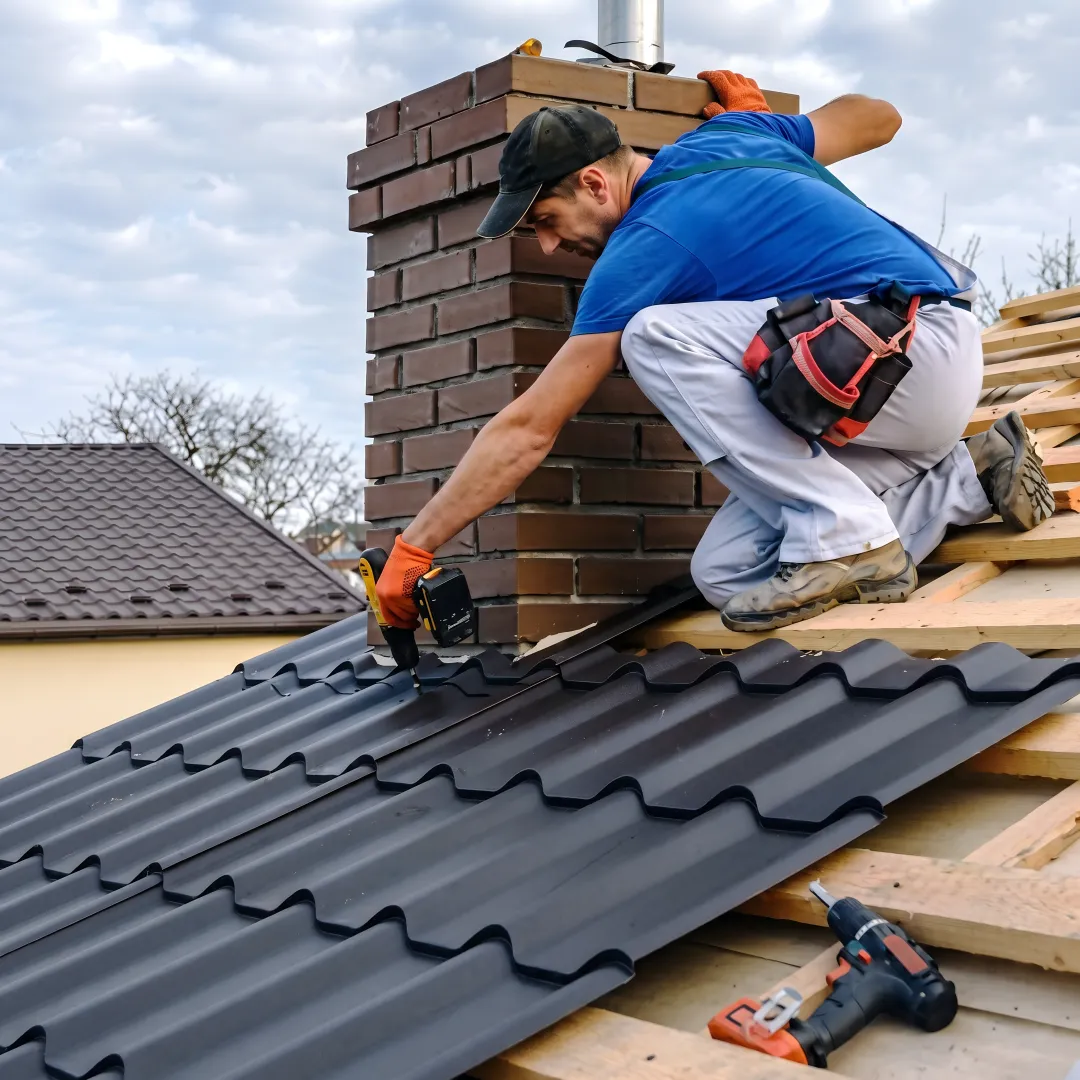 Roofing professional repairing shingles and flashing