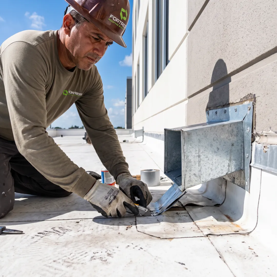 Commercial roofer repairing a flat roof drainage outlet