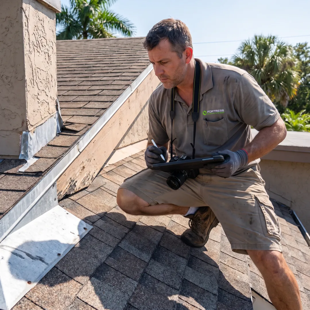 Roofer inspecting a residential roof