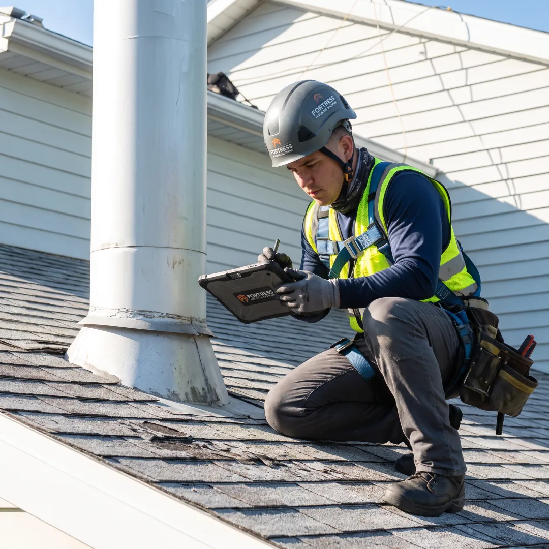 Inspector documenting roof condition during an assessment