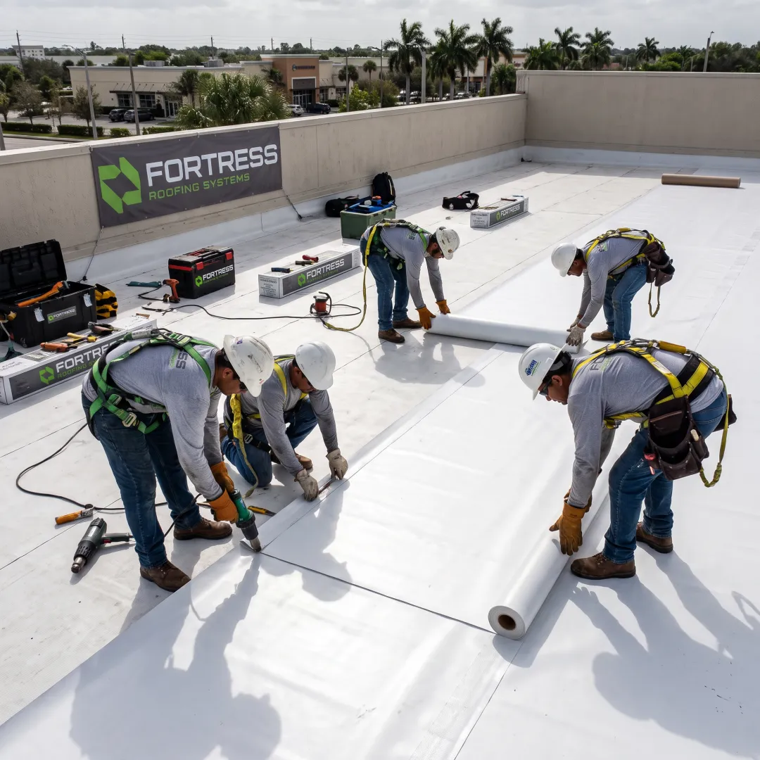 Roofing crew installing a flat roof system