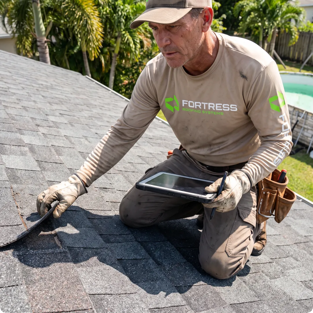 Roofer inspecting shingles on a Florida home