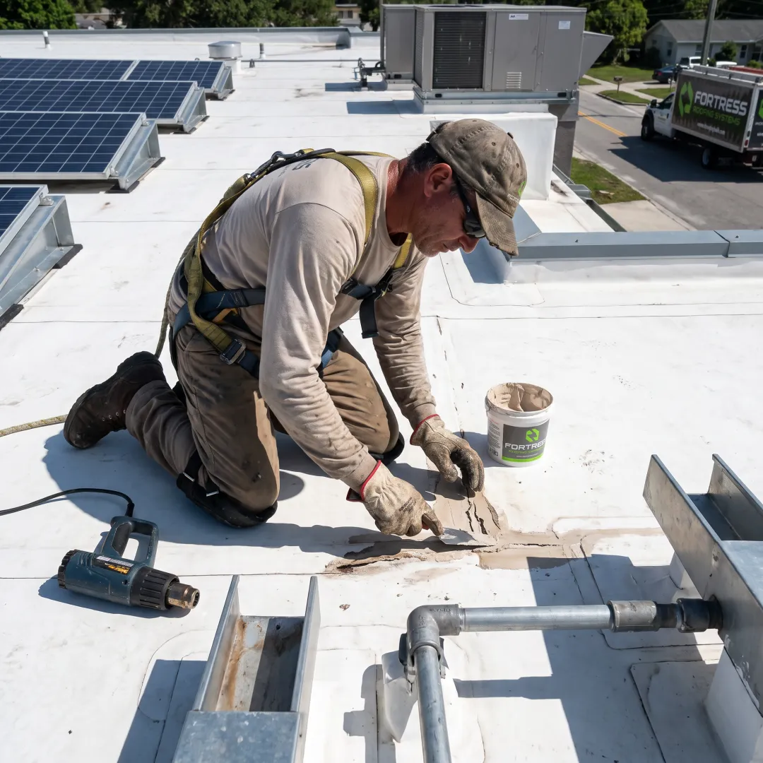 Commercial roofer repairing a flat roof