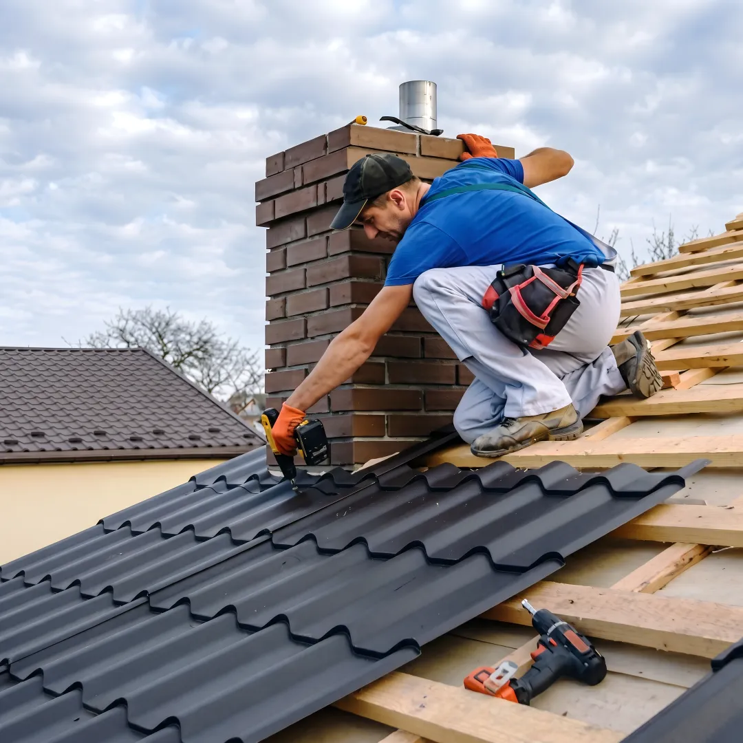 Roofers installing standing-seam metal panels