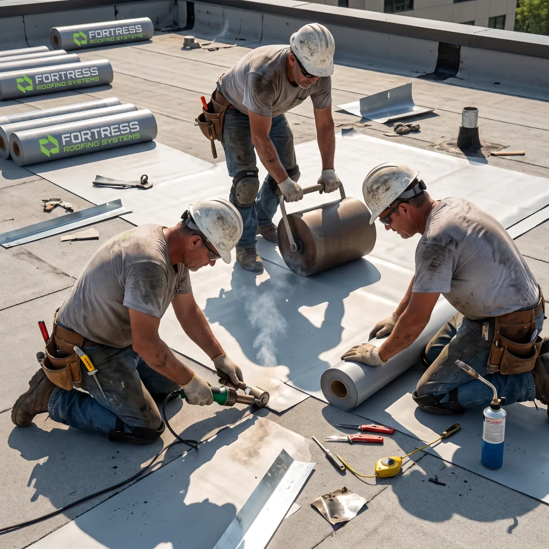 Roofing crew installing a flat roof system