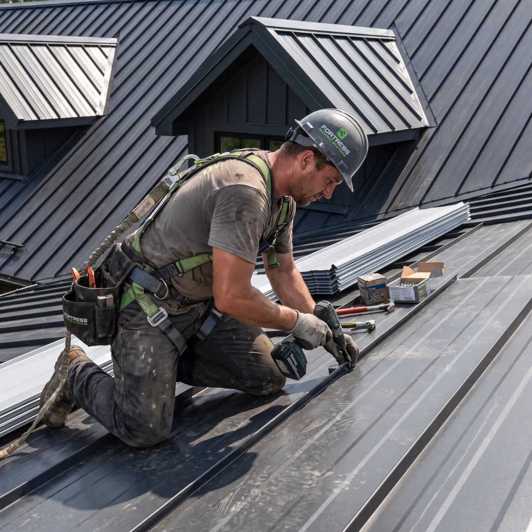 Roofing professional installing metal roof panels