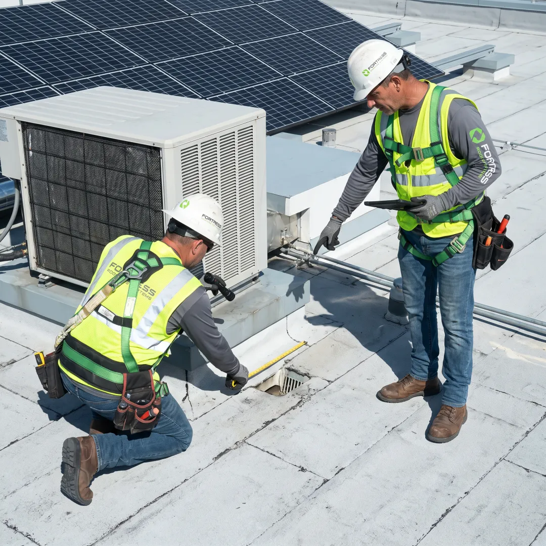 Roofing professionals inspecting a commercial flat roof