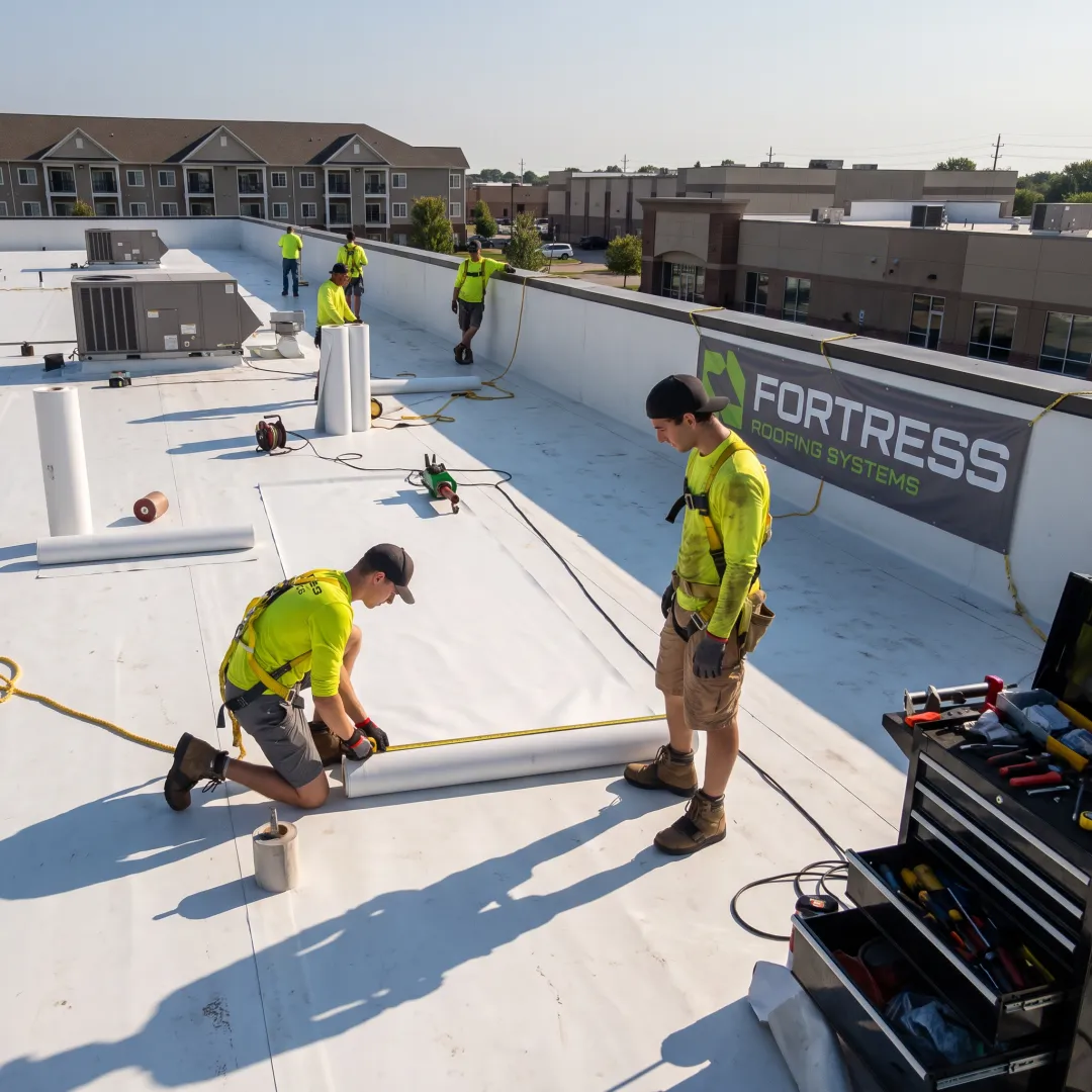 Commercial roofing team working on a roof