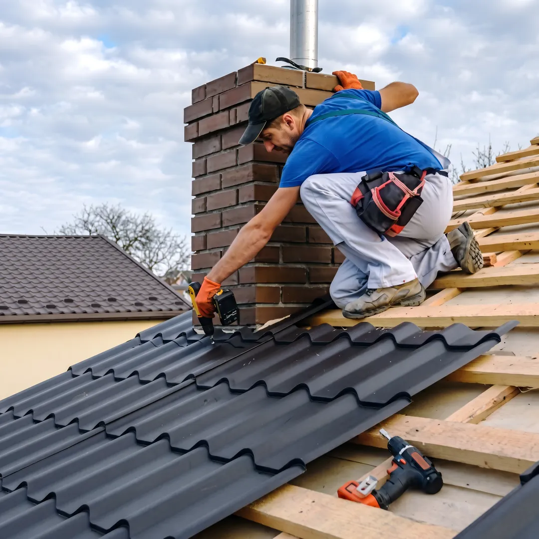 Roofer installing metal roof panels