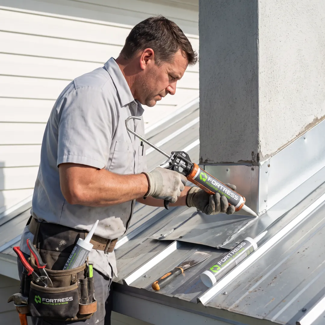 Metal roof flashing repair in progress