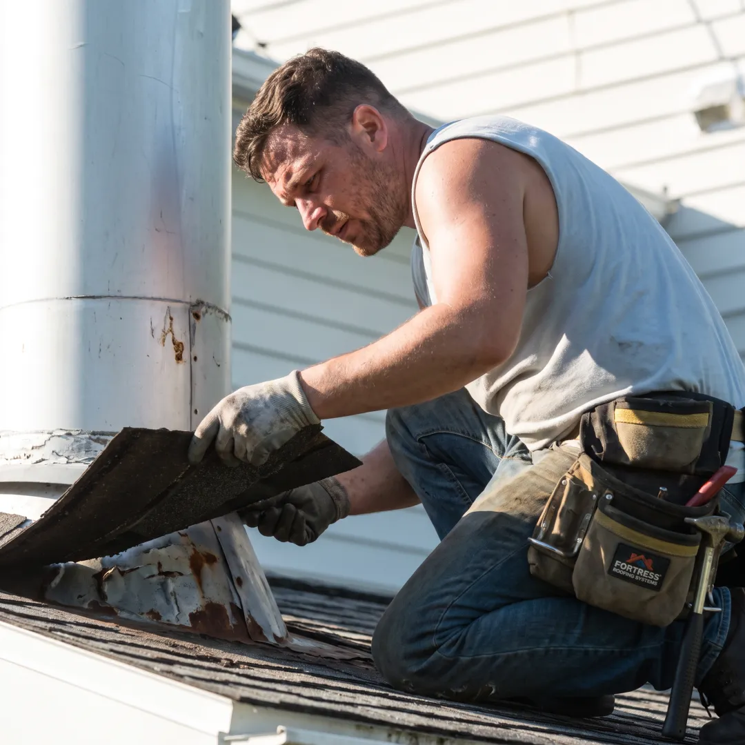 Roofing technician examining damaged roof flashing