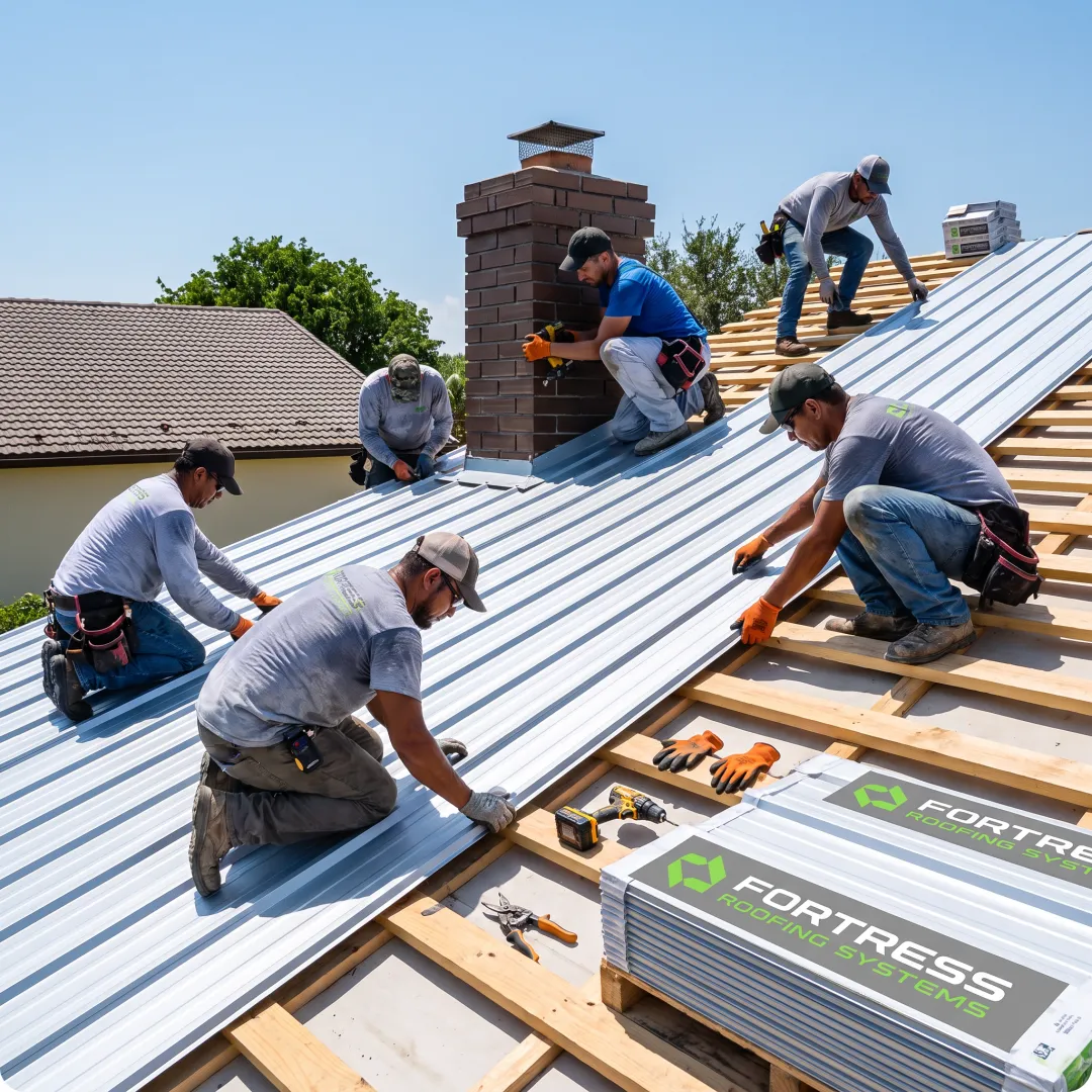 Roofer installing reflective roofing material