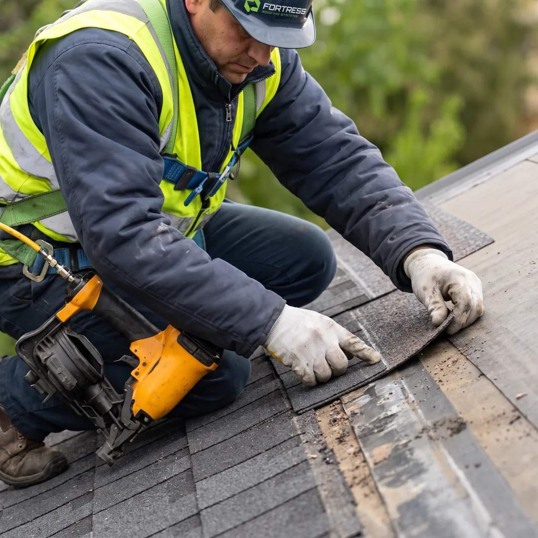 Roofing professional inspecting roof tiles