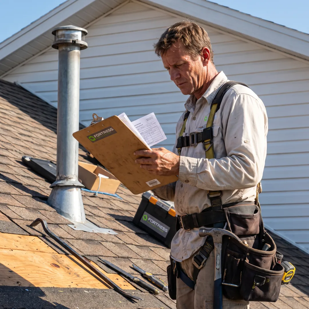 Roofing professional reviewing roof maintenance findings