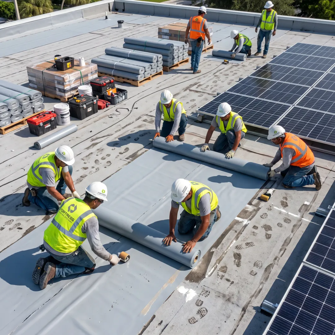 Crew installing a flat roof system