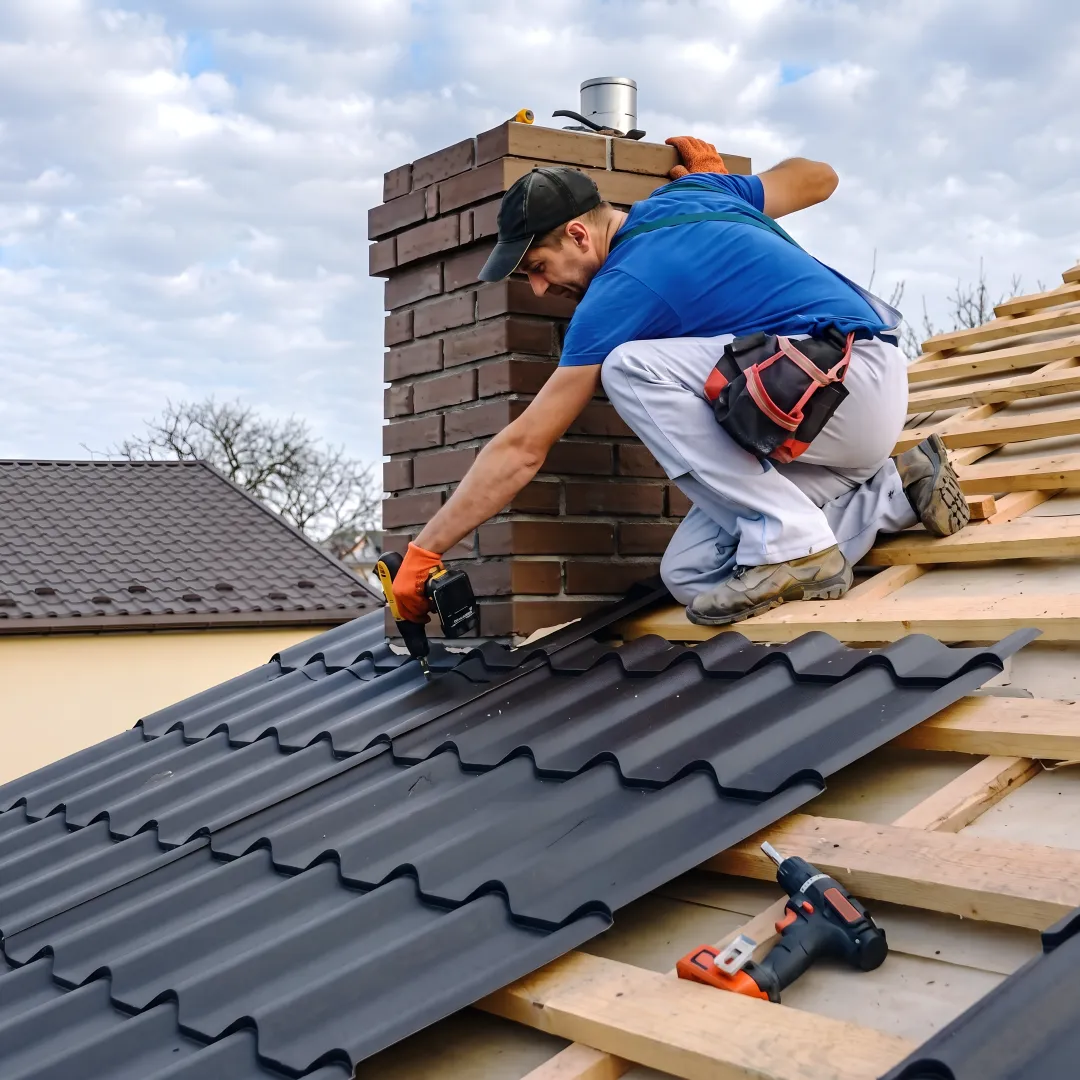 Roofing professional repairing shingles near roof flashing