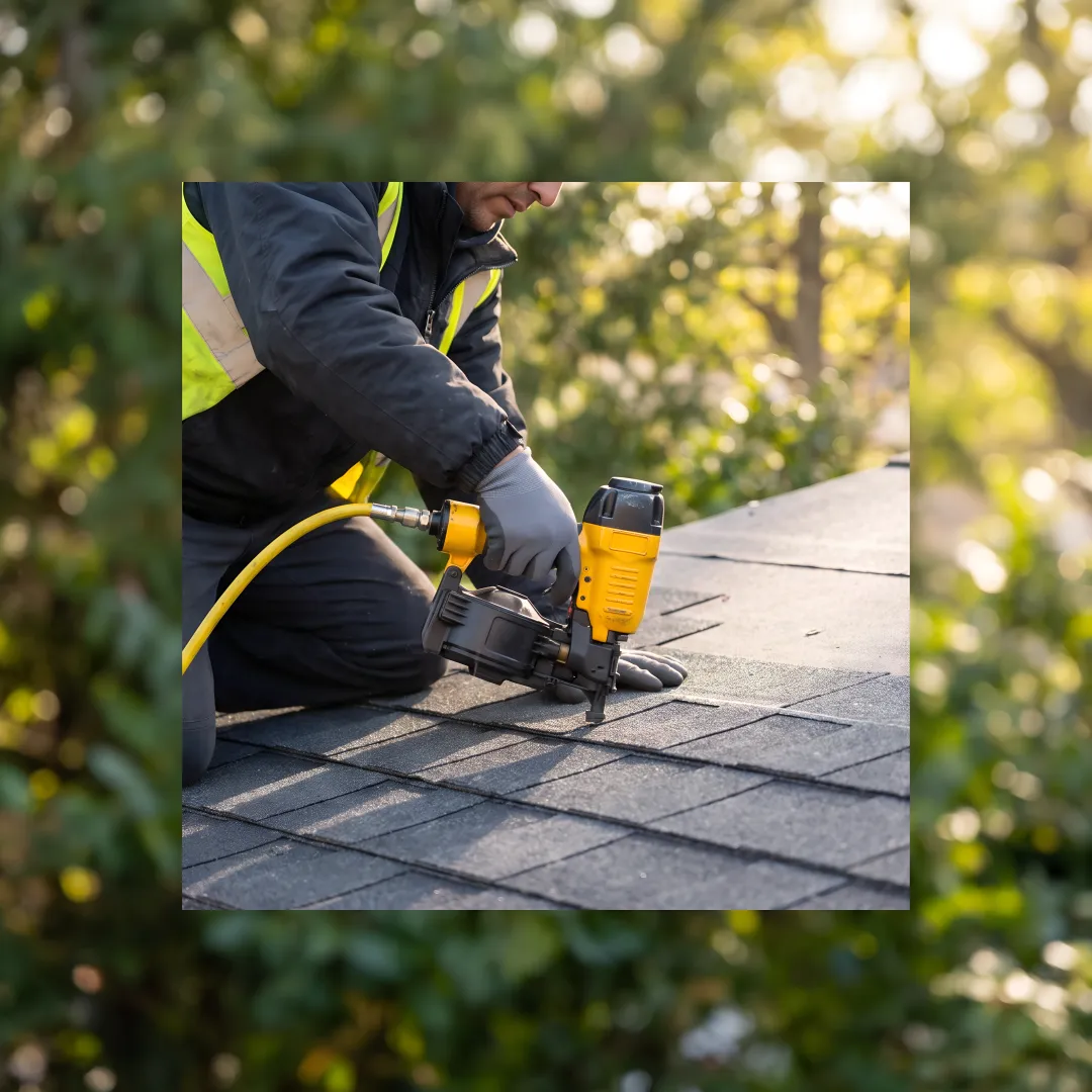 Installer fitting reflective roofing shingles