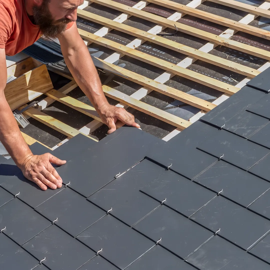 Roofers installing tile roofing